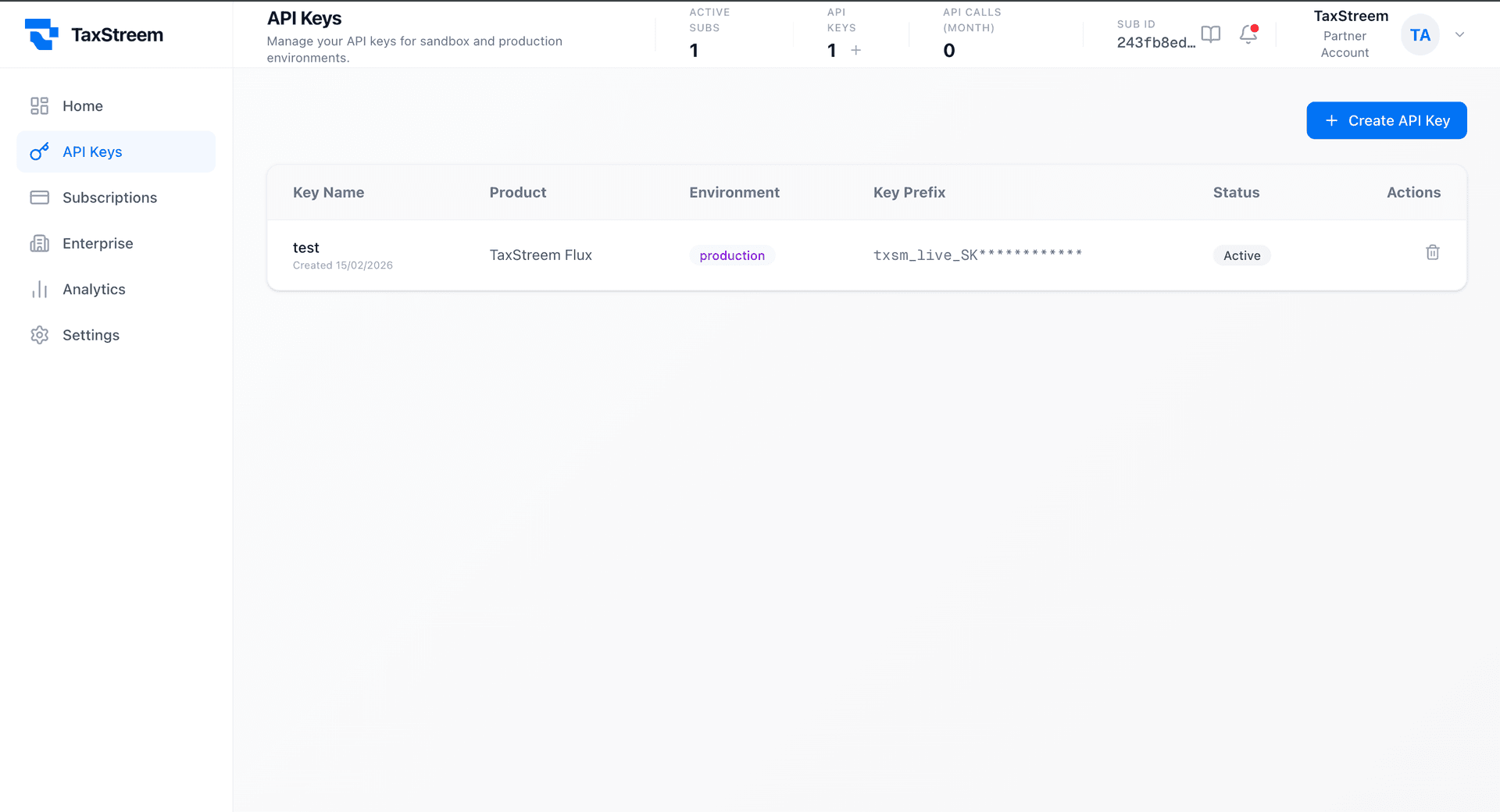 TaxStreem Partner Dashboard — API Keys